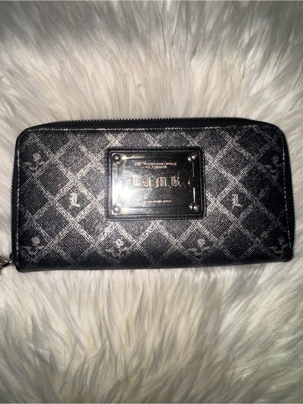 L.A.M.B. Black and Silver Monogram Zip Wallet